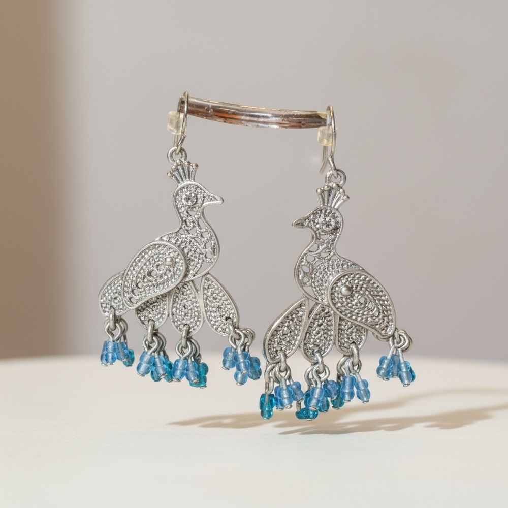 Vintage Peacock Dangle Earrings Silver Tone Blue Beaded Fringe Statement Boho